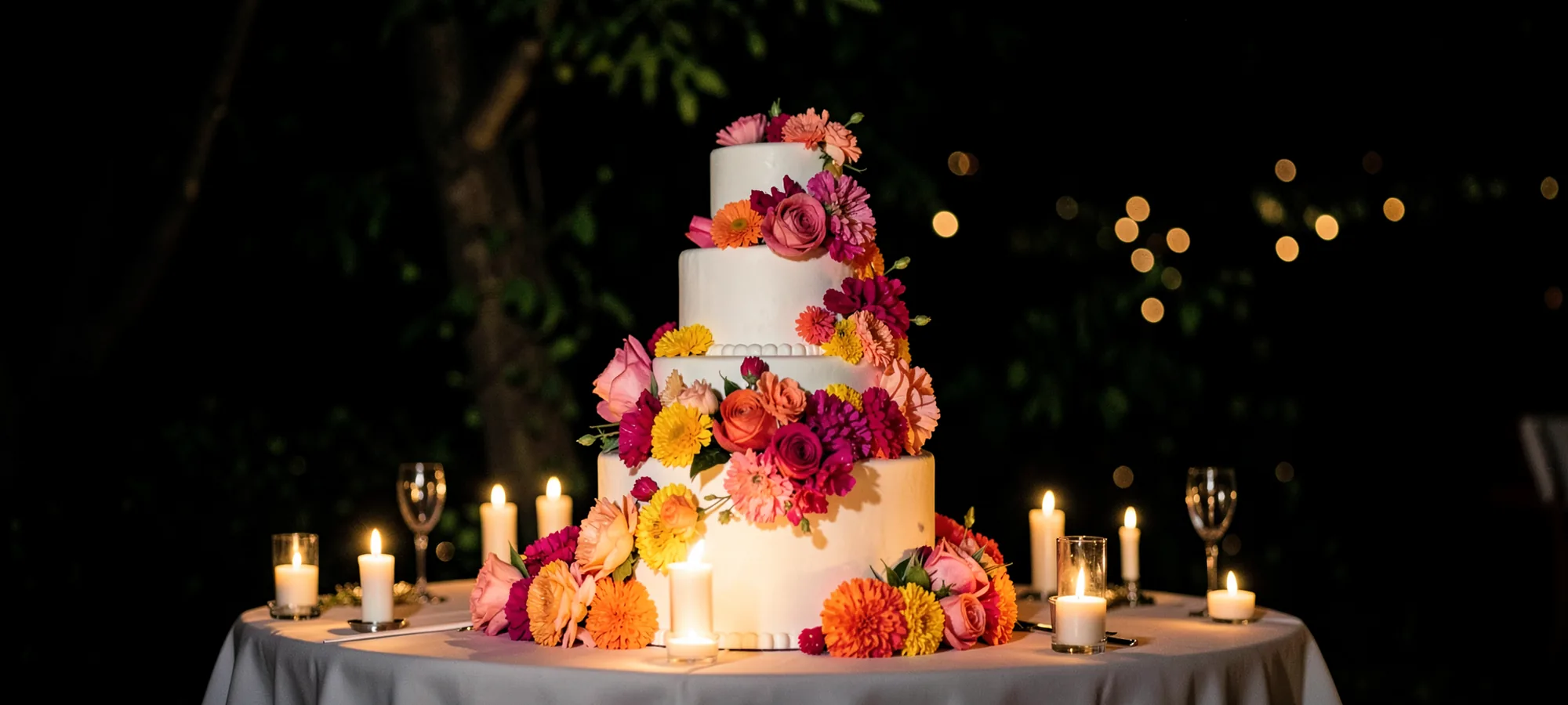 A four-tier white wedding cake covered in pink and coral flowers, ringed with lit candles on a round table in a dark garden.